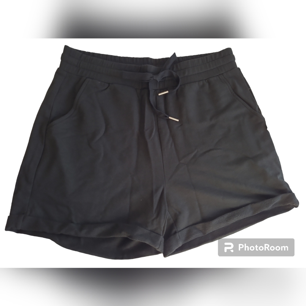 Daily Ritual Women's Elastic Waist Drawstring Black Sweat Shorts/Pockets Small